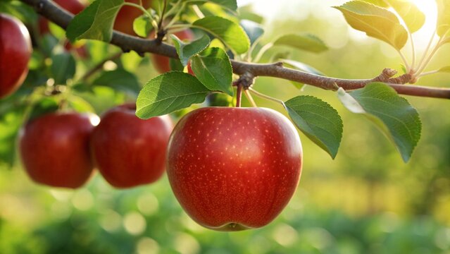 Freshly picked vibrant red apples hanging on a tree branch bathed in golden sunlight perfect for healthy eating and orchard themes