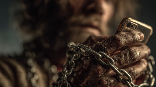 A close-up shot captures the hand of a man with his phone surrounded by the chains. ..Created with Generative AI, not depicting real subjects.