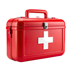 Red medical kit with white cross, handle on top and shiny background
