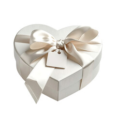 Heart-shaped gift box with silk ribbon and tag on a dark background
