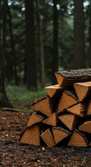 Neatly stacked split logs and kindling, ready for a crackling campfire in a peaceful outdoor wilderness setting, promising warmth and light ,night ,nature ,burn