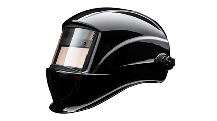 A sleek black welding helmet, isolated on transparent background offering protection and style for professional welders in industrial settings