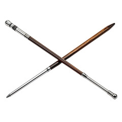 Crossed, decorative silver and wood sticks on a black background