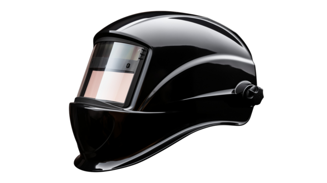 A sleek black welding helmet, isolated on transparent background offering protection and style for professional welders in industrial settings