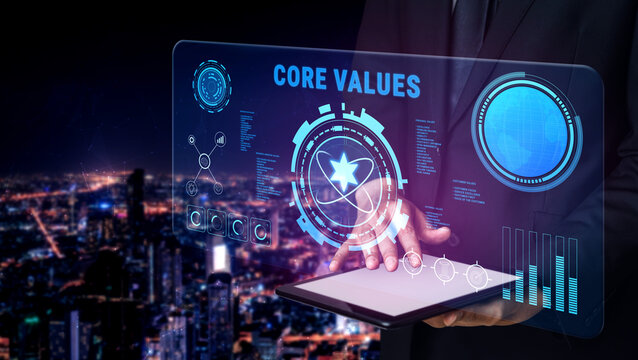 A concept of corporate core values and business ethics. These principles guide the company culture, mission, and vision for long term success. Motif - Powered by Adobe