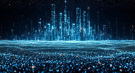 Dynamic digital cityscape pulsing with vibrant blue lights and glowing particles creating a futuristic technological wonderland for innovation and connectivity themes.