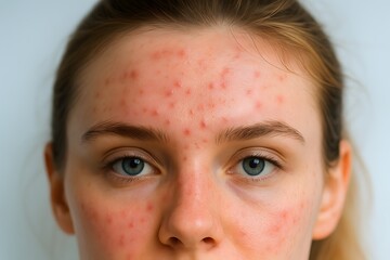 Close-up of a young woman with acne and facial inflammation on the forehead and cheeks. Detailed dermatology image for skincare awareness, medical education, and skin treatment concepts.