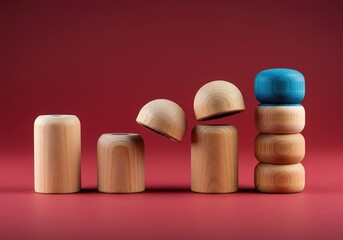 Nested wooden figures reveal intricate patterns and colors as they separate, illustrating layers of complexity and hidden potential within each form ,toy ,surprise ,craft