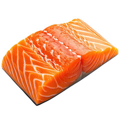 Fresh, orange-red salmon fillet with white fat marbling, isolated