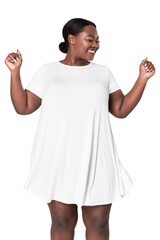 Attractive curvy woman white dress png mockup apparel studio shoot