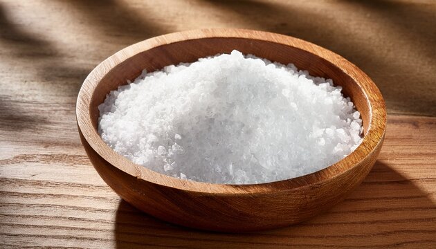rustic wooden bowl brimming with pristine white sea salt grain unrefined spa
