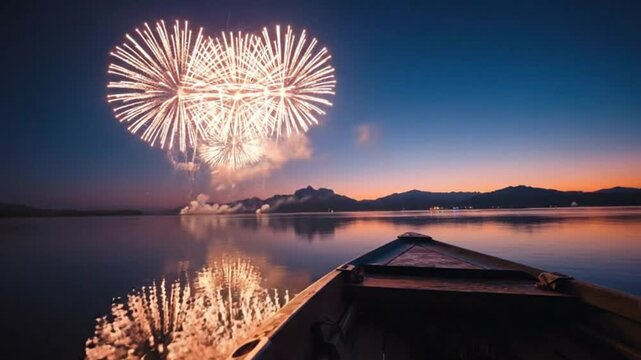 A spectacular fireworks show lights up the night sky over a calm lake, viewed from the bow of a boat. The vibrant explosions and their perfect reflection on the water create a magical, celebratory moo