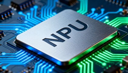 NPU chip on a circuit board glowing with blue and green traces, representing advanced processing and artificial intelligence.