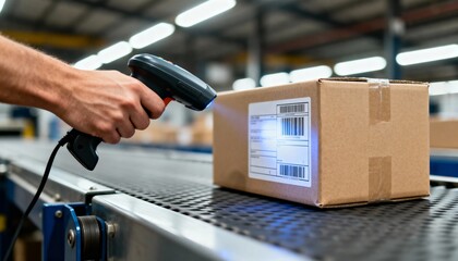 A warehouse worker is scanning a package label on a conveyor belt using a handheld barcode reader.