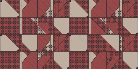 Geometric pattern featuring squares triangles and circles in red and beige repeated across the image