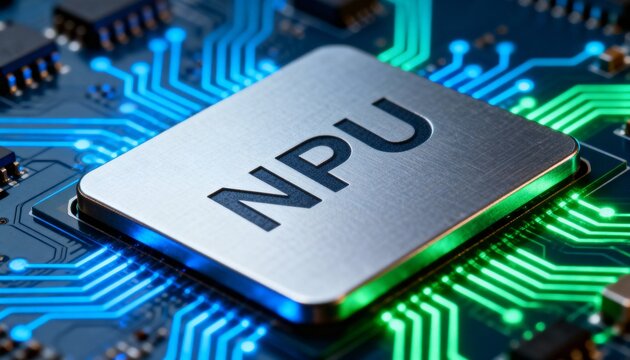 NPU chip on a circuit board glowing with blue and green traces, representing advanced processing and artificial intelligence.