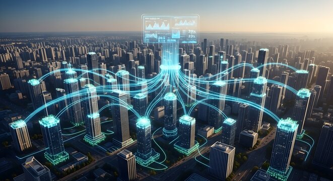 Futuristic Smart City Network: Connected Buildings, Data Flow, and Digital Transformation in Urban Landscape