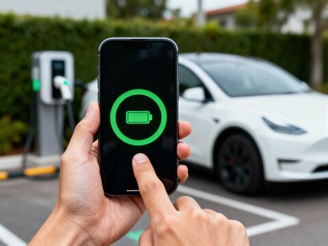 Close-up of hands using a smartphone to monitor an electric vehicle charging status at a station.