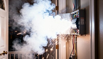 Intense electrical arc flash, smoke, and sparks erupting violently from an open circuit breaker panel indoors, indicating a dangerous failure.