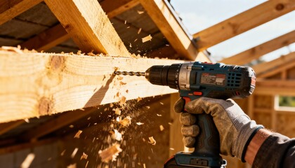 Close-up of a worker drilling into a wooden beam, creating a shower of wood shavings in sunlight.