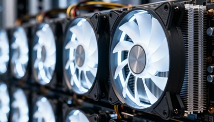 Close-up view of several illuminated cooling fans and heat sinks mounted on a row of electronic circuit boards.