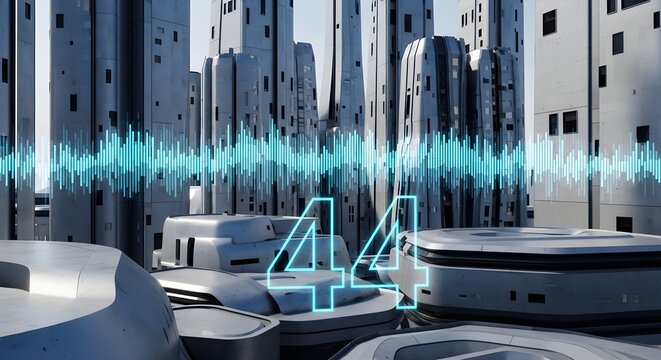 Futuristic Cityscape with Neon Soundwave and Digital Number 44 Overlay - Sci-Fi Technology Concept