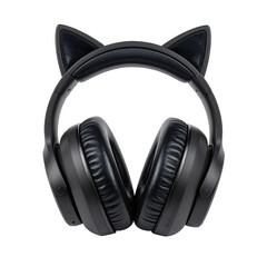 Black headphones with cat ears on a black background, centered shot