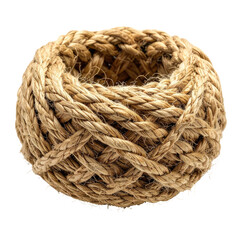 Tight wound, circular rope ball. Natural fiber, rough texture, brown