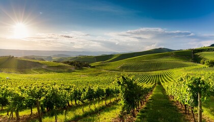Fototapeta premium rolling hills blanketed in vibrant green vines stretching to a sun drenched horizon rows of grapevines lead the eye through the picturesque landscape scenic view vineyard