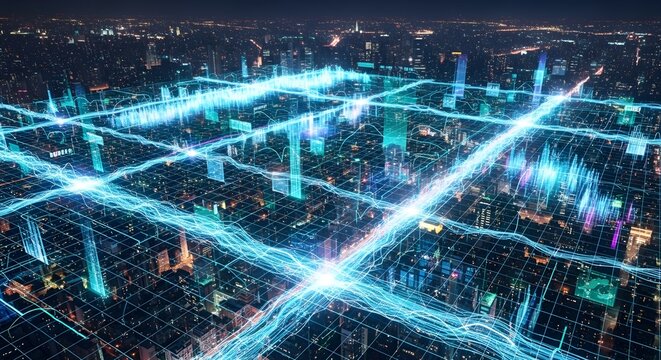 Futuristic Cityscape with Digital Network Overlay: Smart City, Data Flow, AI, Connectivity, Urban Technology