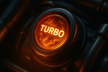 Turbo engine boost button glowing with fiery effect in dark automotive engine compartment, symbolizing power and speed enhancement in vehicle performance