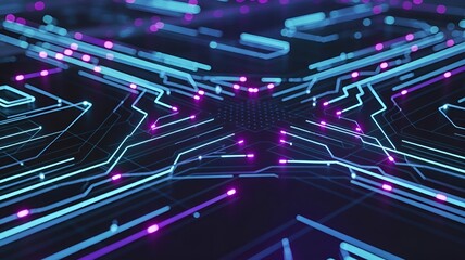 Intricate electronic circuit design glowing with bright colors.