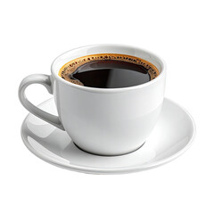 Coffee Dark liquid in white cup, saucer, handle, against black