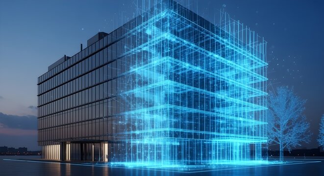 Futuristic Digital Building Blueprint: Smart City Architecture and AI Technology Concept