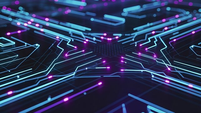 Intricate electronic circuit design glowing with bright colors.