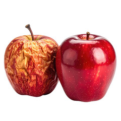 Two apples, one fresh, and one withered on a black background