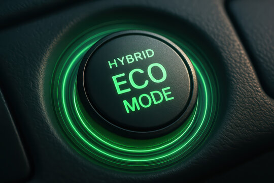Hybrid eco mode button glowing green light on car dashboard for energy saving and environmental friendly driving