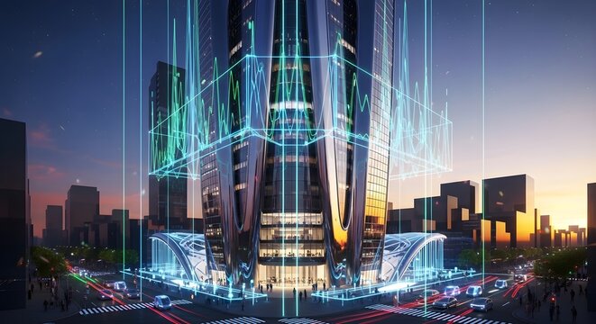Futuristic Cityscape with Digital Data Streams Overlaying Modern Architecture at Dusk