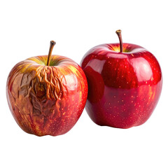 Fresh and decaying apples sit side by side against a dark background