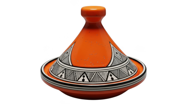 Orange ceramic moroccan tagine pot with intricate geometric patterns kitchenware transparent background