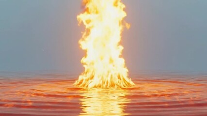 An intense fire burns fiercely on the surface of a body of water, with large flames erupting into a hazy sky. This dramatic and surreal scene evokes concepts of disaster, pollution, and climate change - Powered by Adobe
