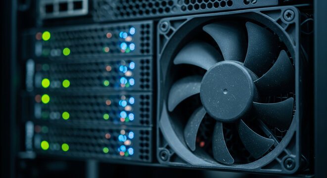 Cooling fan blades and dust filter grille in a home automation server cabinet during a setup process for efficient operation