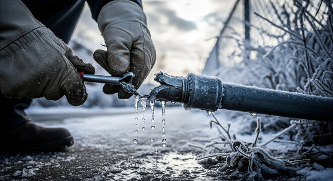 Repair work on a frozen water pipe in a freezing city street, with icicles and droplets hanging from the damaged section