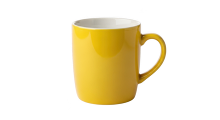 Bright yellow ceramic mug for coffee tea and beverages with comfortable handle transparent background