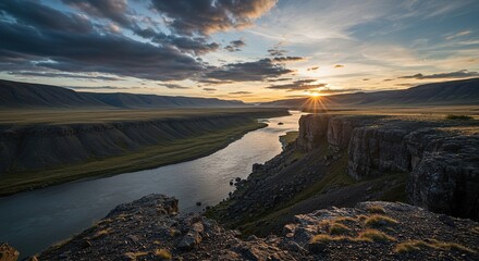 Panoramic view of a majestic river carving its path across an expansive, flat-topped highland, revealing rugged natural beauty. (131 characters) ,expansive ,rock ,flow