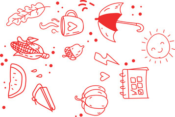 Red line art doodles of autumn objects and weather