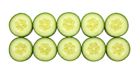 Fresh cucumber slices arranged in rows for healthy eating and culinary inspiration transparent background