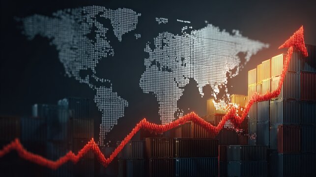 Global financial growth marked by a rising red arrow on a textured world map, symbolizing expansion and progress in international markets. ..Created with Generative AI, not depicting real subjects.