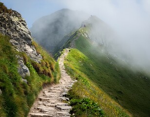 misty mountain path winds upwards