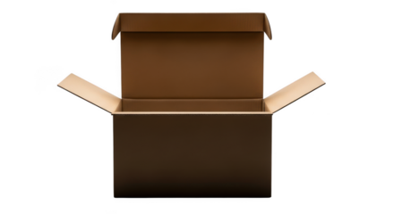 Open cardboard box for shipping and storage with contents visible inside transparent background